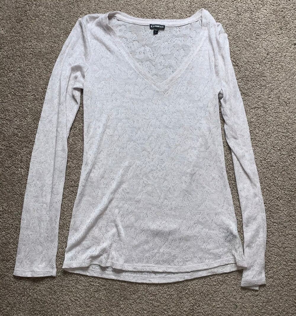 Express Deep V-Neck Women's Silver Sparkly Pullover Lightweight Sweater Size L
